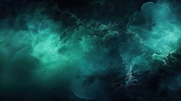 Черная абстракция с сине-зеленым туманом, текстура водной дымки и блестящая блестящая смесь паровых облаков