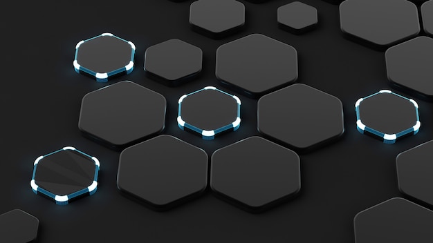 Black abstract with hexagons and glow.