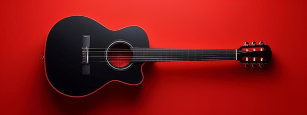 Foto una chitarra acustica nera su uno sfondo rosso