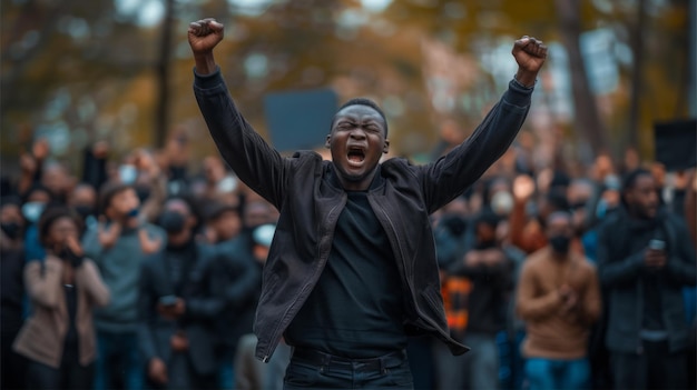 Black African American man activist angry shouting for his cause among people demonstration proteste