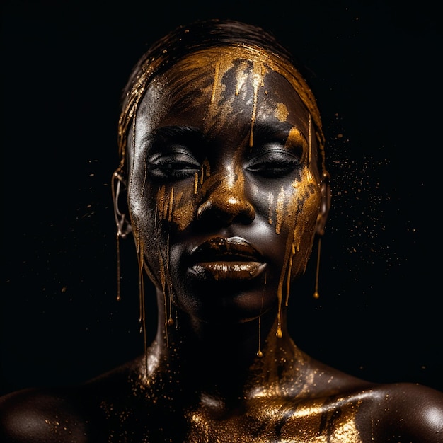 Черная афроамериканка в золотой блестящей краске с закрытыми глазами