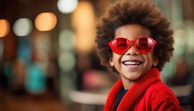 Black african boy in red glasses valentine's day concept