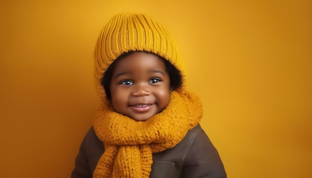 Black african boy in yellow clothes and hat on a uniform background