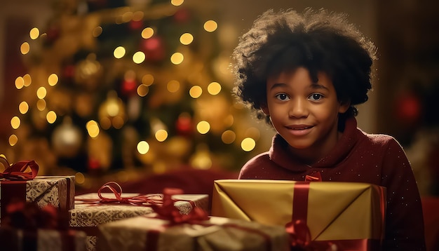 背景をぼかした写真のクリスマスと新年のコンセプトに黒人のアフリカの子供