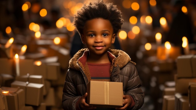 Black african child holding cardboard box