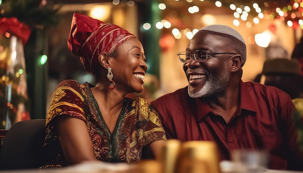 Black african couple sitting at festive table christmas and new year concept