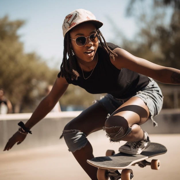 Photo black african girl doing tricks and riding a skateboard closeup sport and movement outdoors