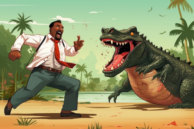 Black African man fighting with reptile crocodile iguana dinosaur comical fight scene fearless man with big belly panic danger Africa Australia