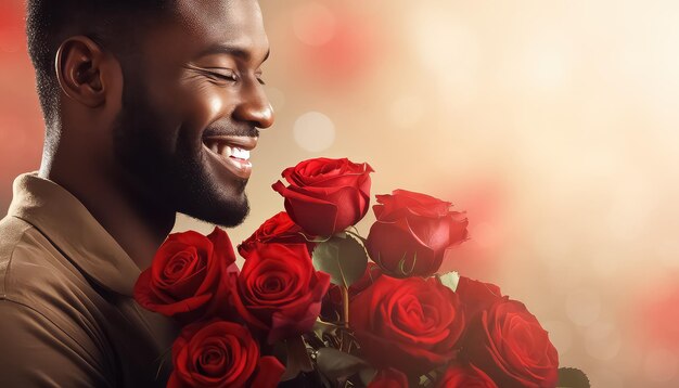 black african man with bouquet of red roses valentines day concept