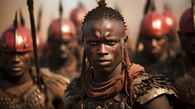 Photo a black african warrior with the red head stands in the middle of the group