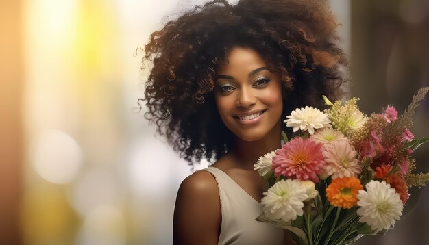  ⁇ 런타인 데이 컨셉의 꽃다발을 들고 있는 흑인 아프리카 여성