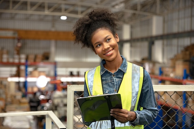 Il personale del magazzino delle donne dell'africa nera gestisce le merci dei prodotti di fabbrica e la spedizione al cliente