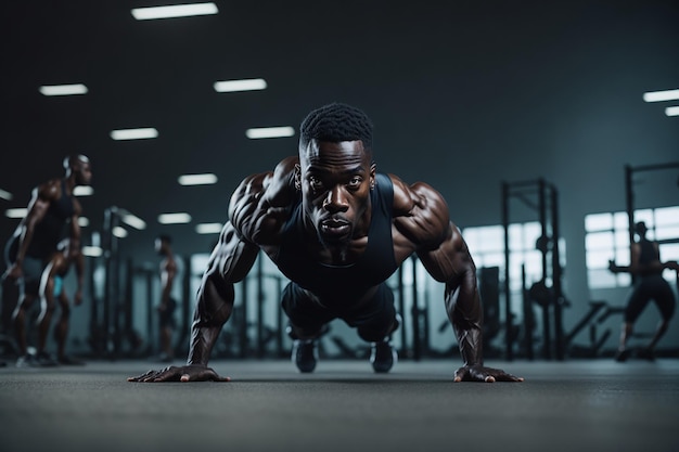 ジムで腕立て伏せをする健康的な筋肉質の体を持つ黒人のアフリカ系アメリカ人運動選手