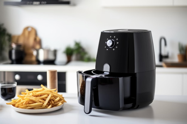Black Air fryer cooking machine with french fries wooden table setting on a kitchen ai generative