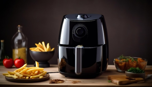 Black air fryer or oil free fryer appliance on the wooden table generative ai