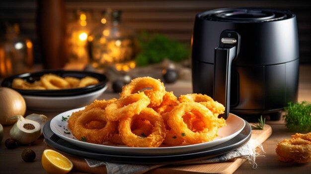 Photo a black air fryer with onion rings on a plate next to it