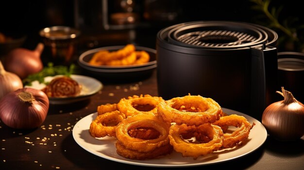 a black air fryer with onion rings on a plate next to it