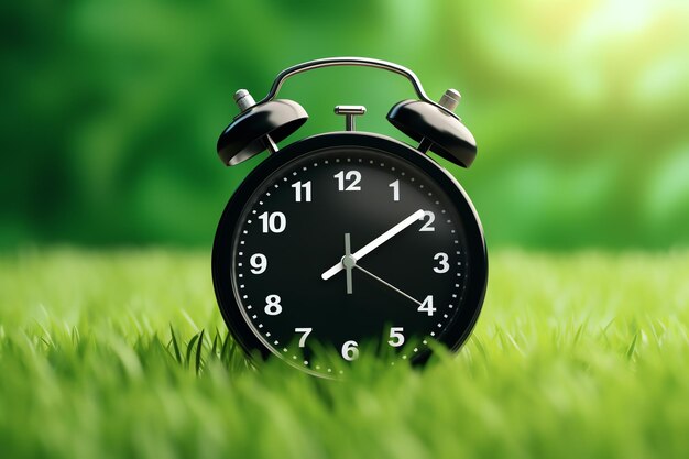 A black alarm clock in grass