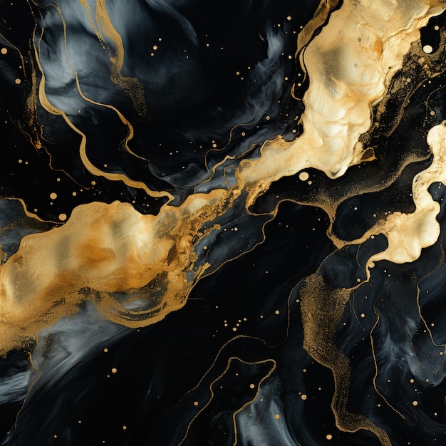 Black Alcohol Ink Background with Golden Glitter Strokes