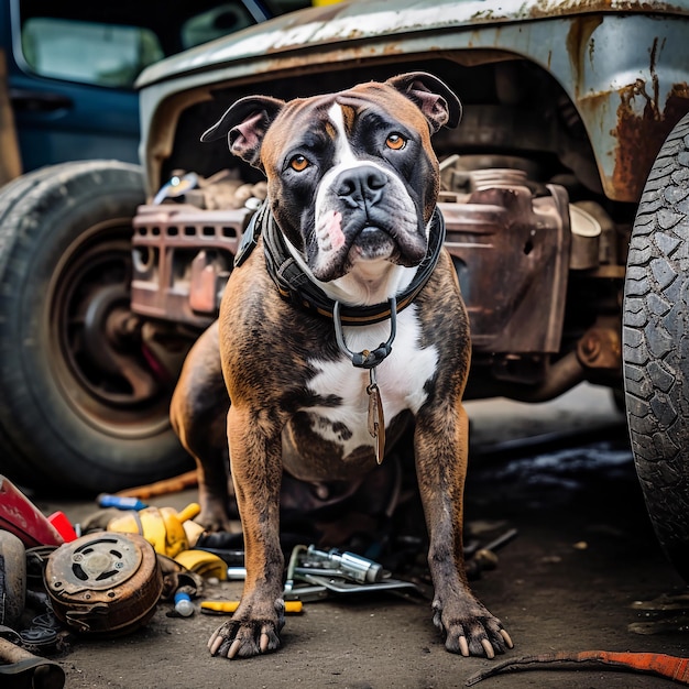 a black American bull dog working like a mechanic on a damaged car