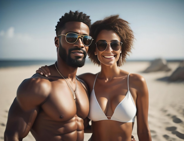 해변에서 안경을 쓴 흑인 미국인 커플