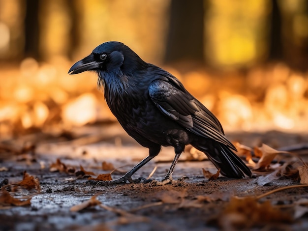 A black american crow on the ground