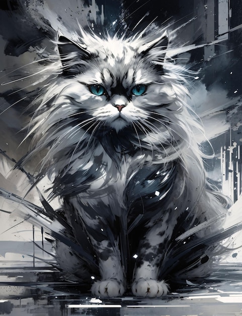 Фото Черно-серебряный элегантный абстрактный эскиз. иллюстрация персидской кошки.