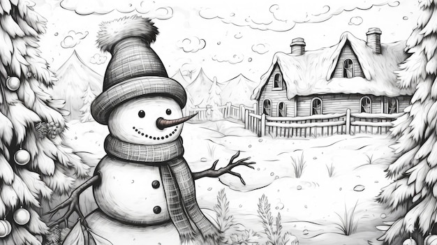 Фото Черно-белый рисунок рождественского снеговика для окрашивания