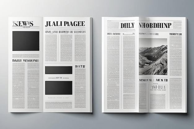 写真 黒と白の折りたたまれた新聞のモックアップ ニュースページのテンプレートの空白の背景