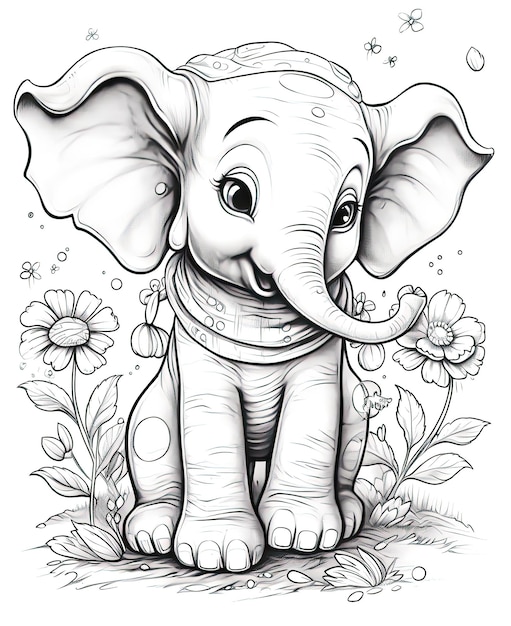 写真 黒と白のイラストで動物をカラーする 象の赤ちゃん 選択的な柔らかいフォーカス