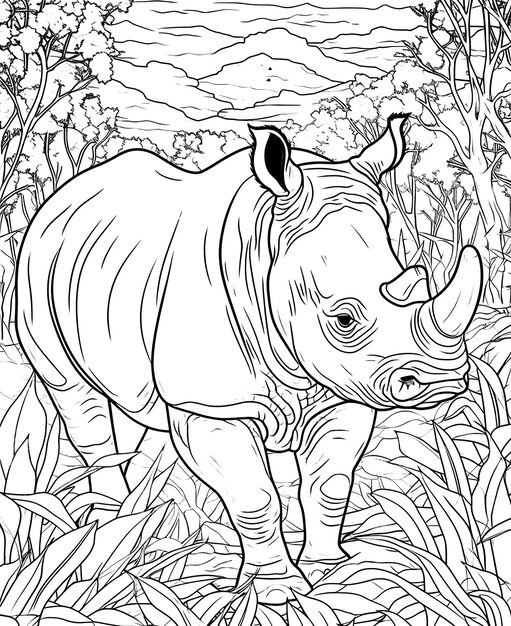 Фото Черно-белая иллюстрация для окрашивания животных носорогов селективная мягкая фокус