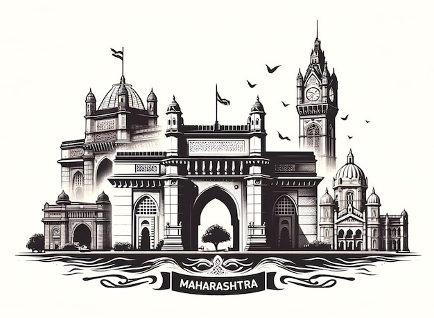 Фото Черно-белая иллюстрация коллажа с известными памятниками махараштра