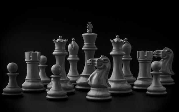 暗黒の背景にチェスのセットアップの黒と白の王と騎士。