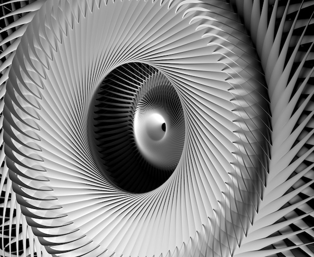 Фото Черно-белое монохромное абстрактное искусство 3d с частью сюрреалистического механического промышленного турбины реактивного двигателя или цветок или символ солнца