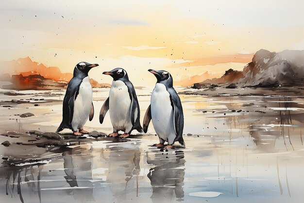 Photo black_and_white_painting_of_penguins_in_the_style