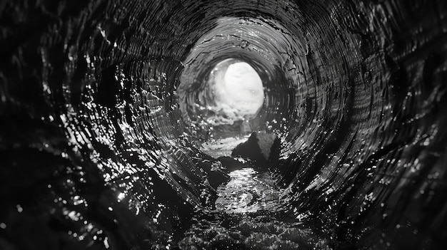 Фото Черно-белая фотография таинственного туннеля с ярким светом в конце. туннель мокрый, а стены покрыты слизью.