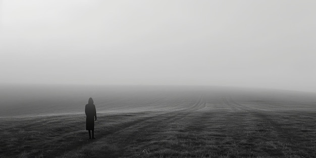 Фото Черно-белая фотография человека, стоящего в одиночестве в туманном поле