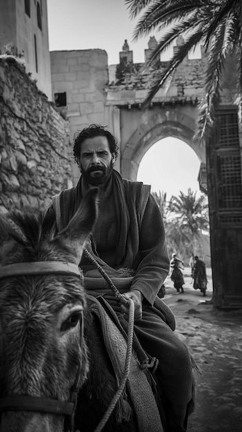 Фото Черно-белый портрет человека на осла, входящего в старые ворота восточного старого города.