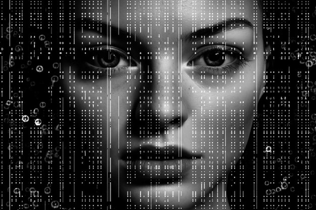 Фото Черно-белый портрет женщины с двоичным кодом на лице
