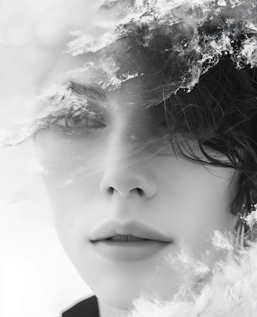 写真 煙と霧のクローズアップで若い女の子の黒と白の肖像画
