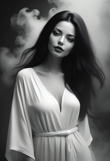 Фото Черно-белый портрет красивой молодой женщины с длинными черными волосами