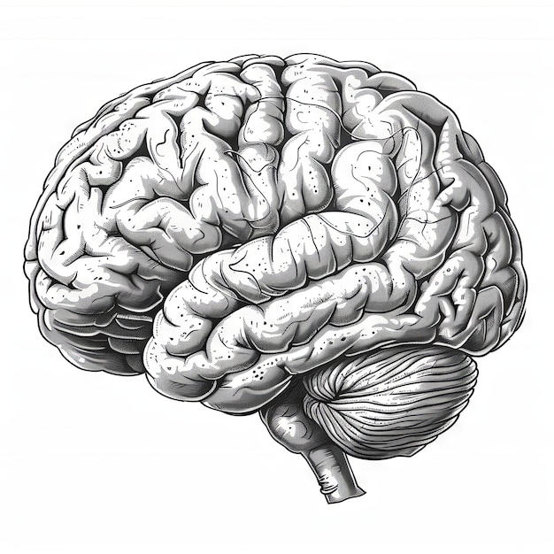 Фото Черно-белый портрет мозга в стиле подробной гравюры закругленный пунктирный светло-серый пространственный генеративный ии