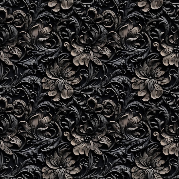 写真 黒と白のシームレスパターンとクラシックな花と葉の装飾シームレステクスチャの背景