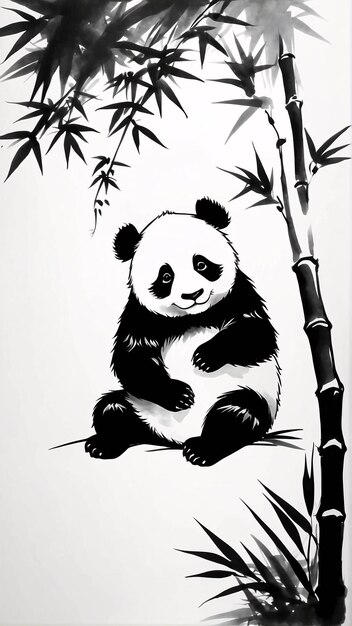 Фото Черно-белая иллюстрация в стиле sumi e ink panda традиционная живопись