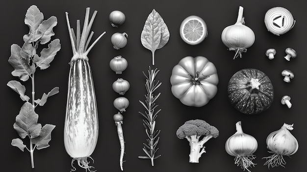 Фото Черные и белые овощи и фрукты