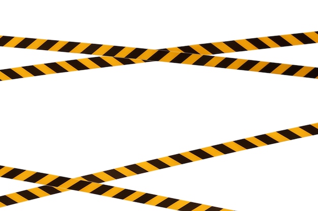 Фото Черно-желтые предупреждающие полосы заградительной ленты запрещают проезд. барьерная лента на белом изоляте. барьер, запрещающий движение. предупреждение об опасной опасной зоне: не входить. концепция запрета входа. копировать пространство