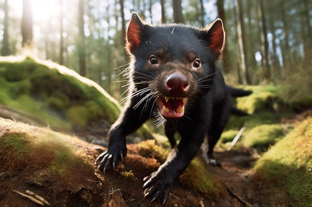 a black animal running through a forest