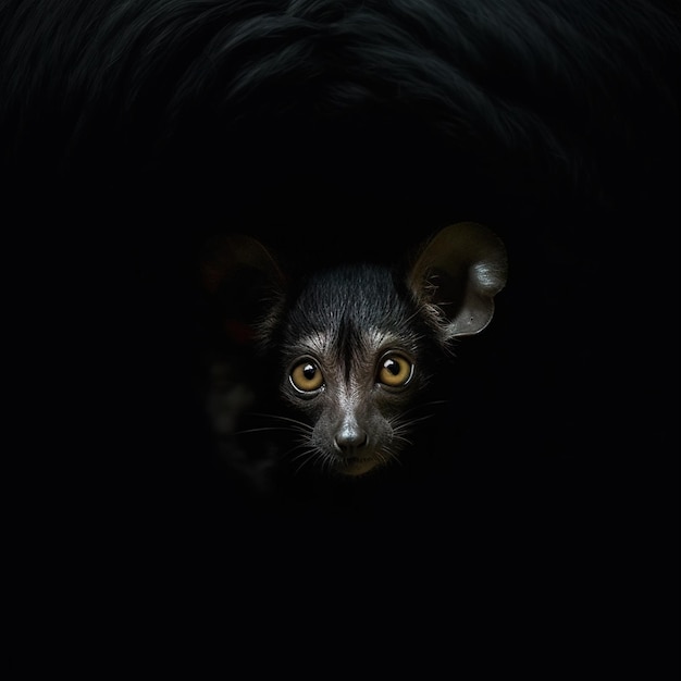 Foto un animale nero con gli occhi gialli è su uno sfondo nero.