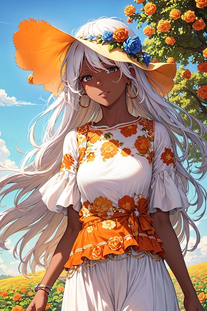 Premium AI Image  Black anime girl with white hair and orange flowers