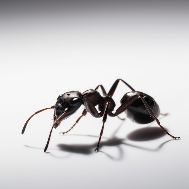 A black ant is on a white surface with a shadow behind it.